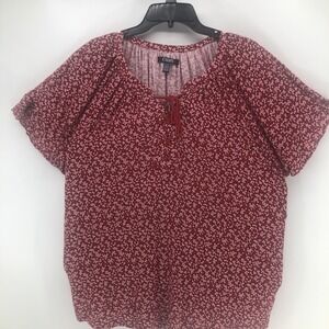 Chaps Women Blouse 2 XL Red Floral V-Neck Pullover Flutter Short Sleeve Top